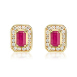 9ct Yellow Gold Octagonal Natural Ruby & Diamond Claw Set Cluster Stud Earrings — 5x3mm