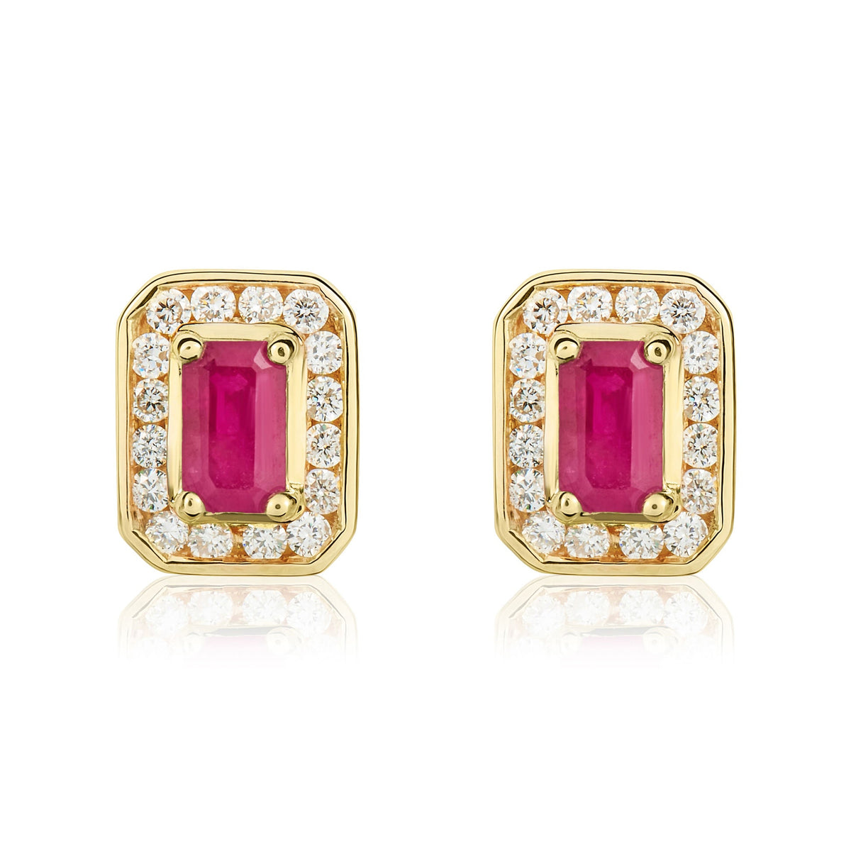 9ct Yellow Gold Octagonal Natural Ruby & Diamond Claw Set Cluster Stud Earrings — 5x3mm