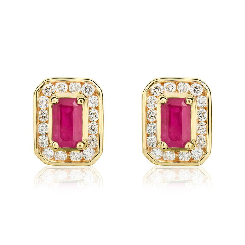9ct Yellow Gold Octagonal Natural Ruby & Diamond Claw Set Cluster Stud Earrings — 5x3mm