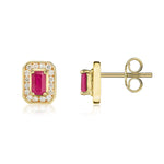 9ct Yellow Gold Octagonal Natural Ruby & Diamond Claw Set Cluster Stud Earrings — 5x3mm