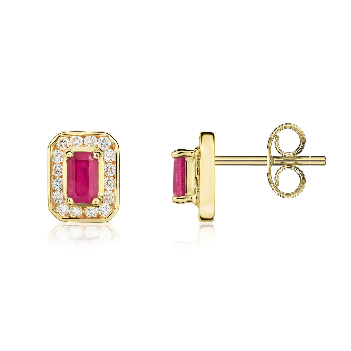 9ct Yellow Gold Octagonal Natural Ruby & Diamond Claw Set Cluster Stud Earrings — 5x3mm