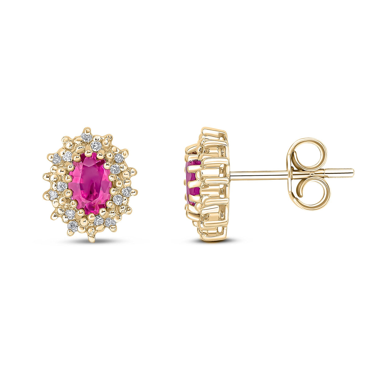 9ct Yellow Gold Oval Natural Ruby & Diamond Claw Set Cluster Stud Earrings — 6x4mm
