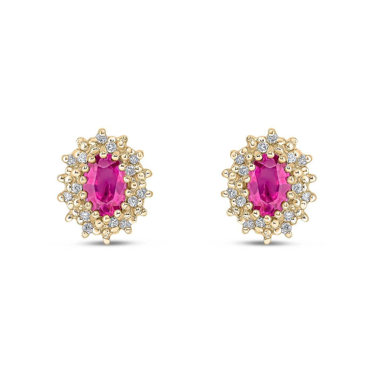 9ct Yellow Gold Oval Natural Ruby & Diamond Claw Set Cluster Stud Earrings — 6x4mm