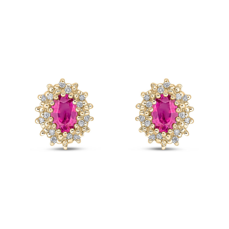 9ct Yellow Gold Oval Natural Ruby & Diamond Claw Set Cluster Stud Earrings — 6x4mm