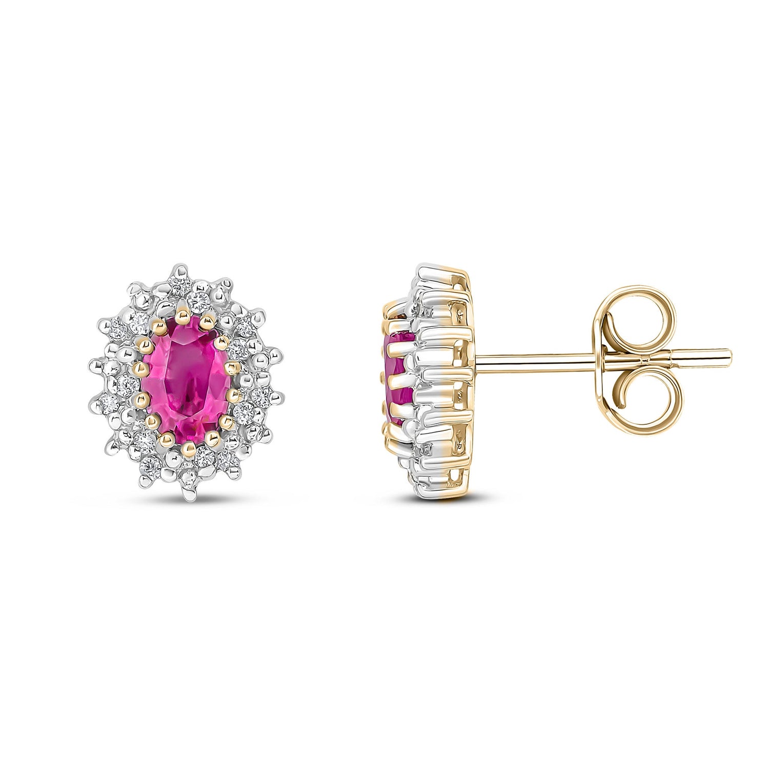 9ct Yellow Gold Oval Natural Ruby and Diamond Cluster Earrings — 6x4mm