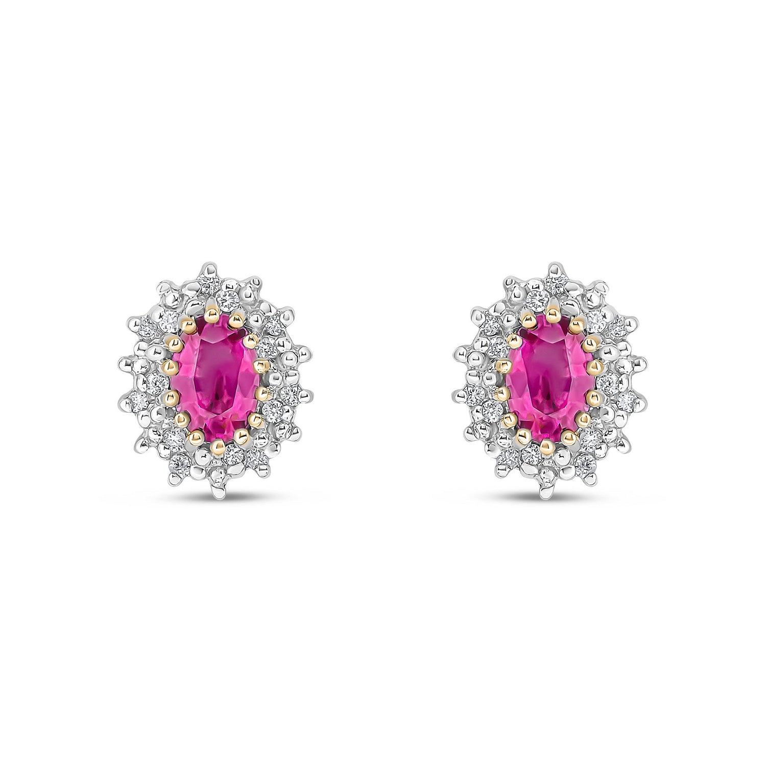 9ct Yellow Gold Oval Natural Ruby and Diamond Cluster Earrings — 6x4mm