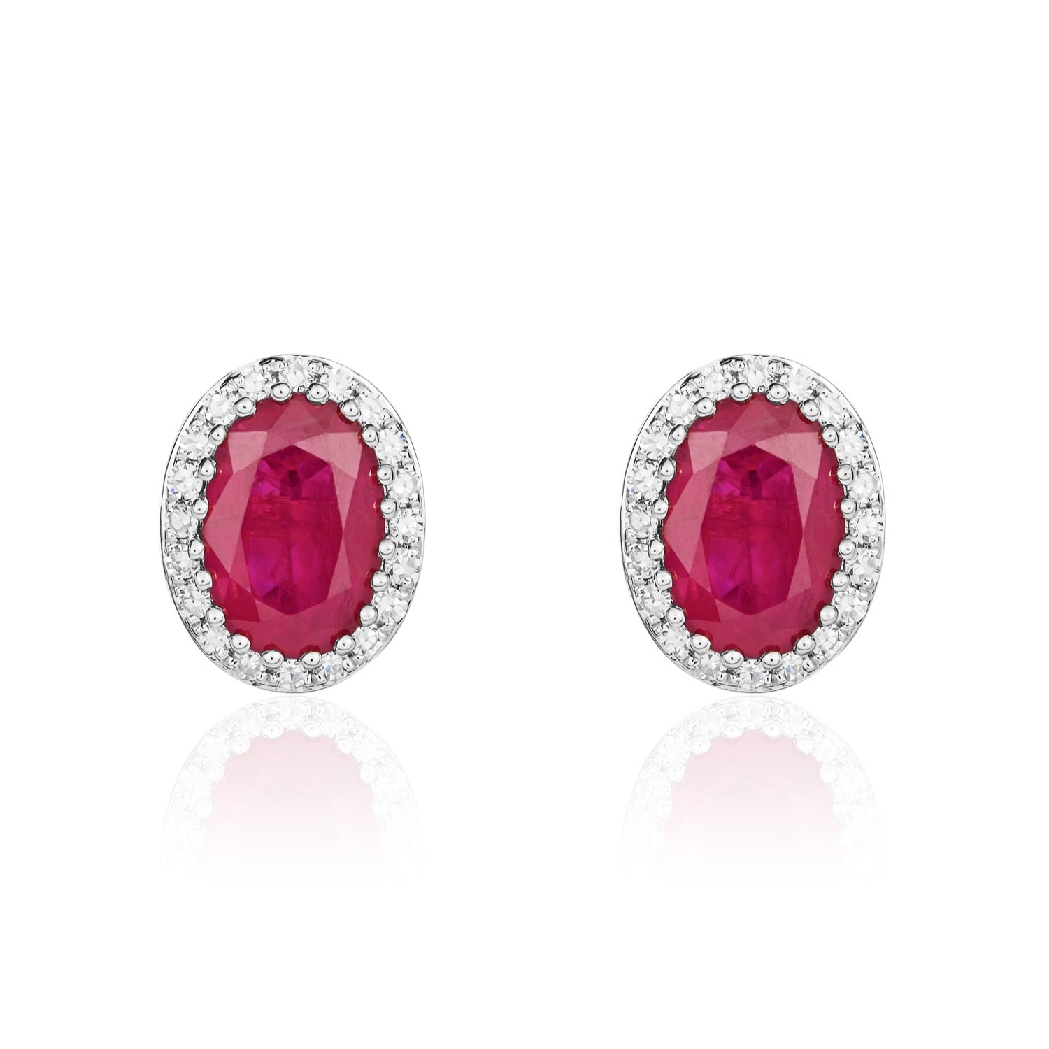 18ct White Gold Oval Natural Ruby and Diamond Cluster Earrings — 7x5mm