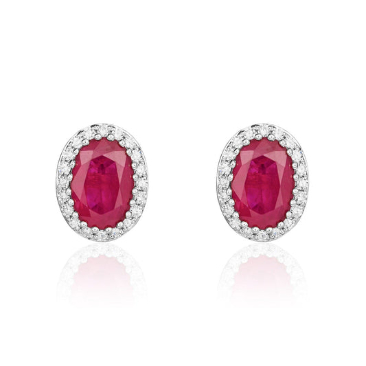 18ct White Gold Oval Natural Ruby and Diamond Cluster Earrings — 7x5mm