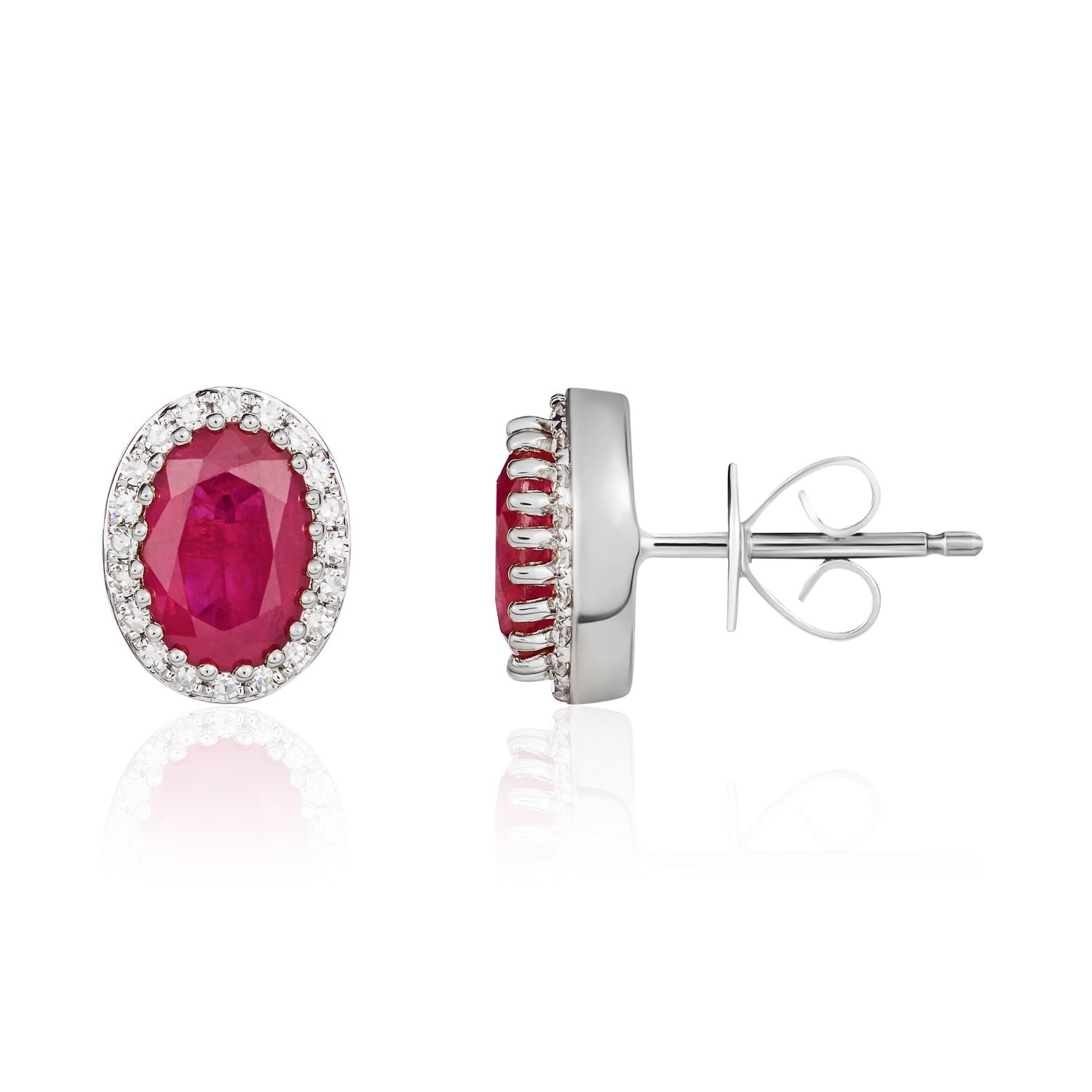 18ct White Gold Oval Natural Ruby and Diamond Cluster Earrings — 7x5mm