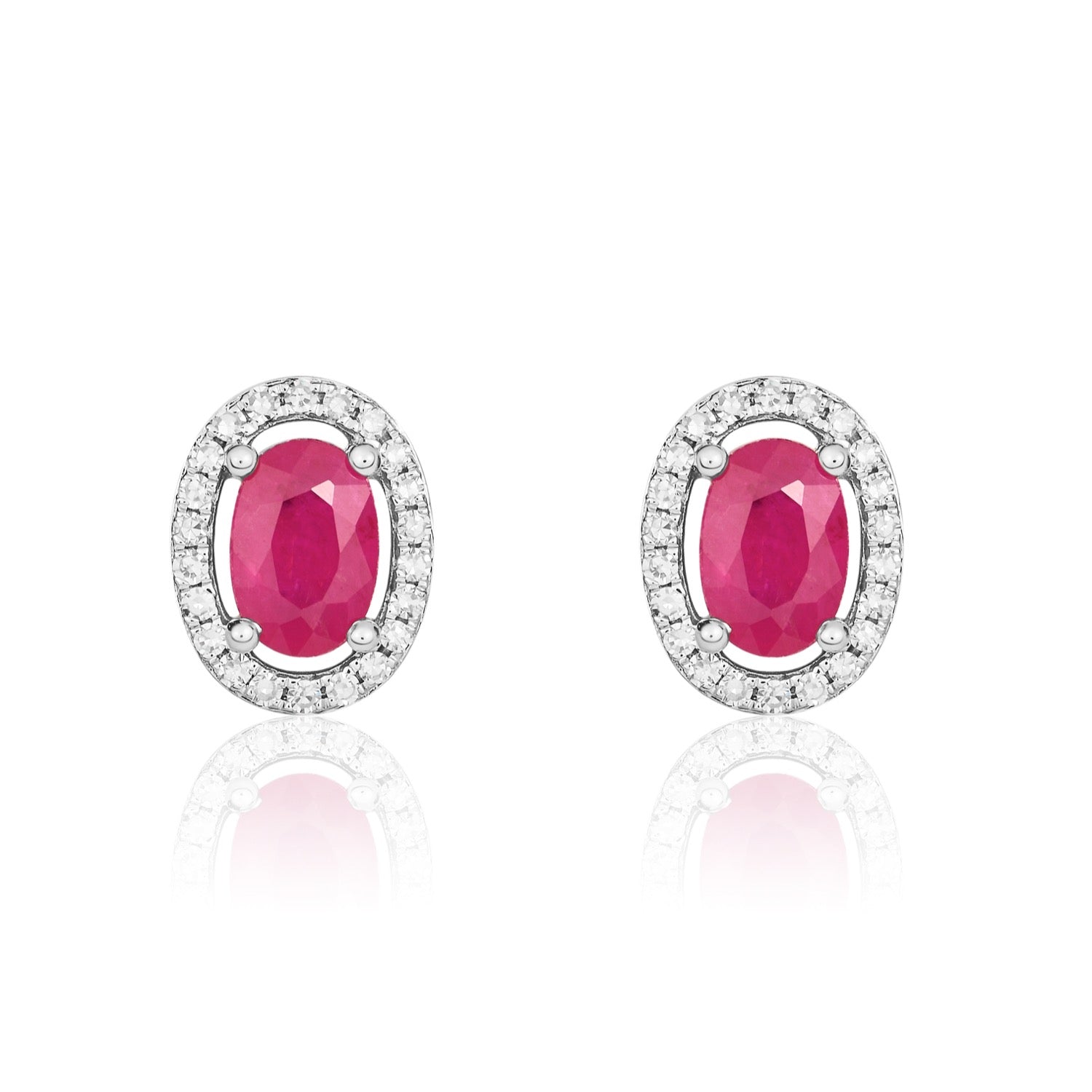 9ct White Gold Oval Natural Ruby and Diamond Halo Cluster Earrings — 6x4mm