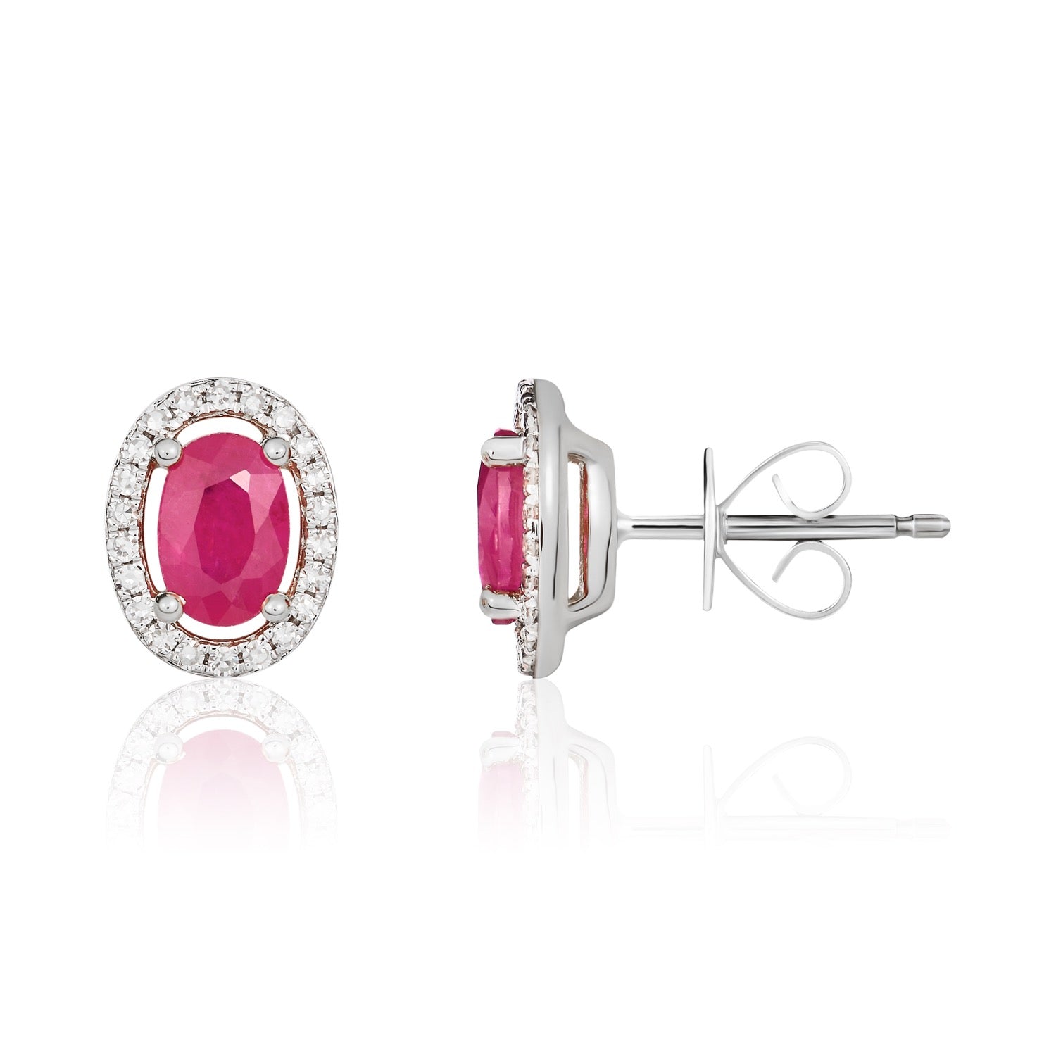 9ct White Gold Oval Natural Ruby and Diamond Halo Cluster Earrings — 6x4mm