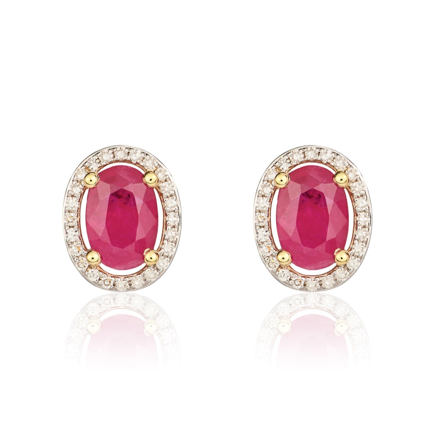 9ct Yellow Gold Oval Natural Ruby and Diamond Halo Cluster Earrings — 7x5mm