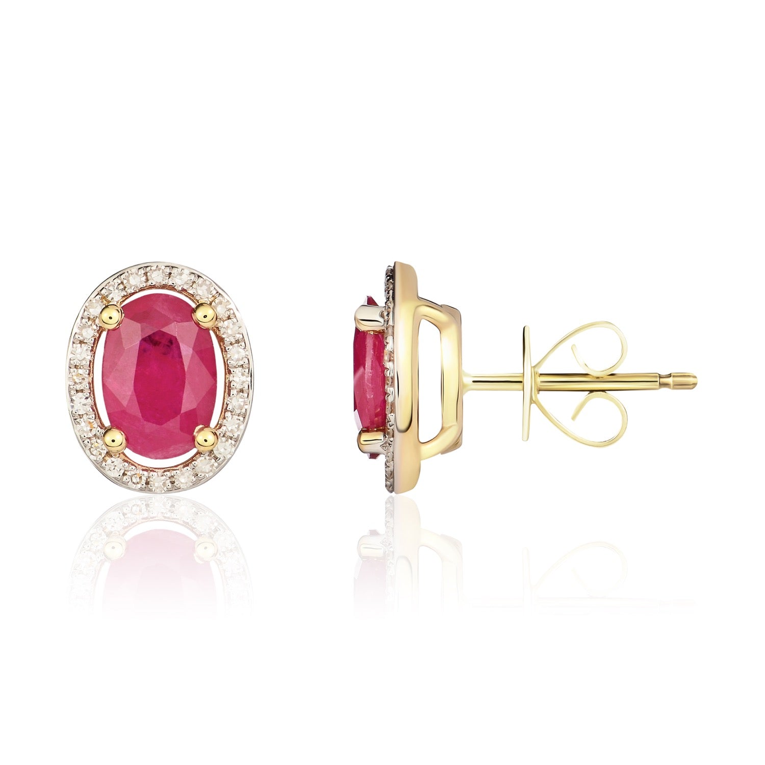 9ct Yellow Gold Oval Natural Ruby and Diamond Halo Cluster Earrings — 7x5mm
