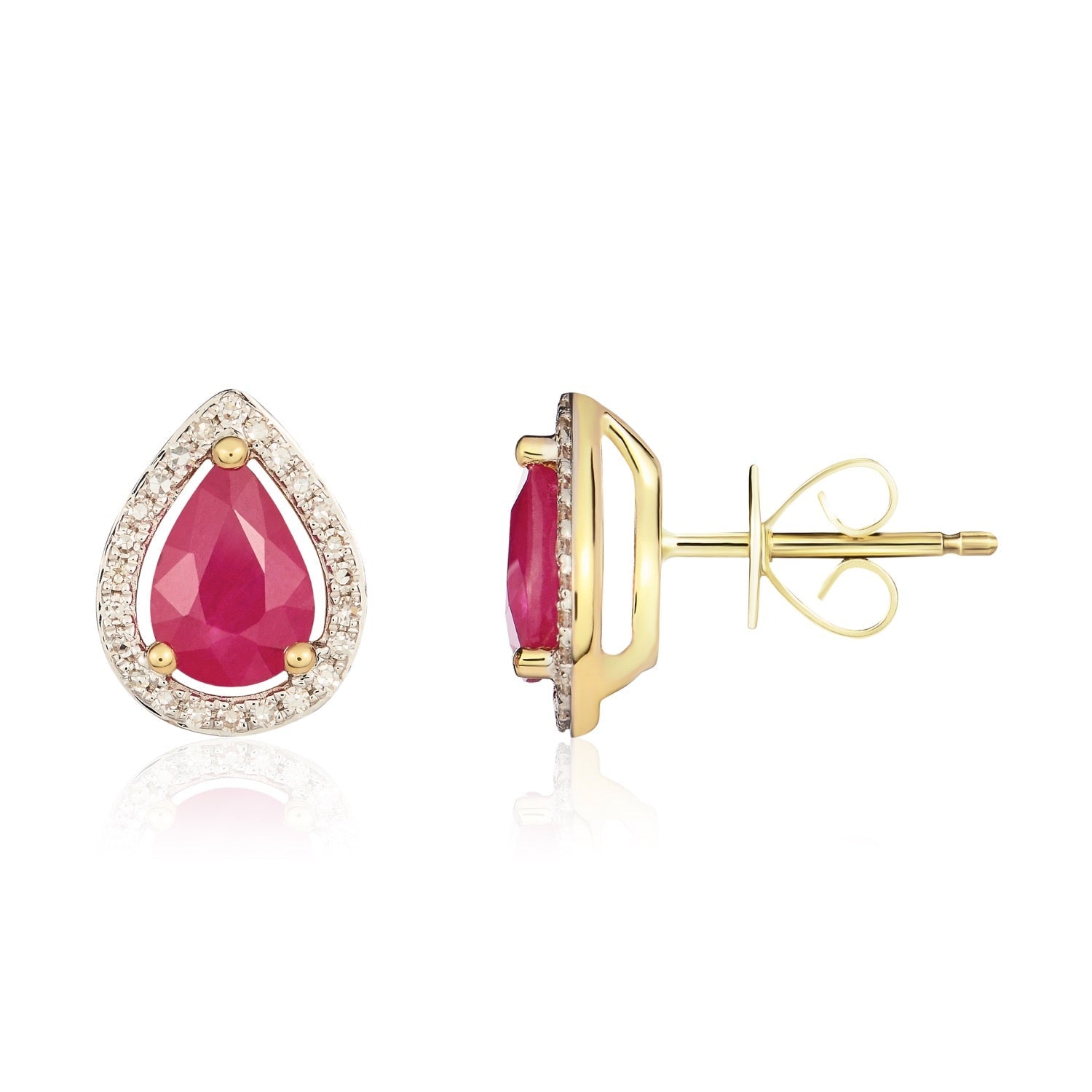 9ct Yellow Gold Pear Shaped Natural Ruby and Diamond Halo Cluster Earrings — 7x5mm