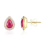 9ct Yellow Gold Pear Shaped Natural Ruby & Diamond Halo Cluster Stud Earrings — 7x5mm
