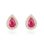 9ct Yellow Gold Pear Shaped Natural Ruby & Diamond Halo Cluster Stud Earrings — 7x5mm