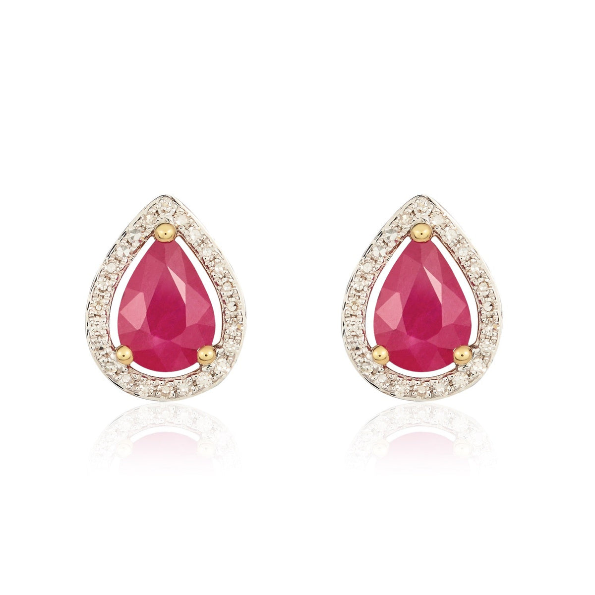 9ct Yellow Gold Pear Shaped Natural Ruby & Diamond Halo Cluster Stud Earrings — 7x5mm