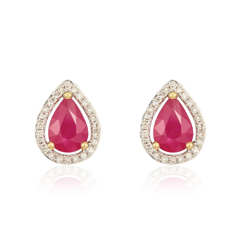 9ct Yellow Gold Pear Shaped Natural Ruby & Diamond Halo Cluster Stud Earrings — 7x5mm