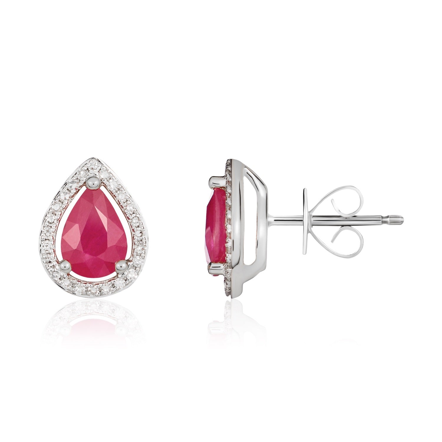 9ct White Gold Pear Shaped Natural Ruby and Diamond Halo Cluster Earrings — 7x5mm