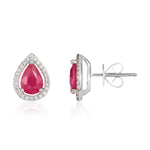 9ct White Gold Pear Shaped Natural Ruby & Diamond Halo Cluster Stud Earrings — 7x5mm
