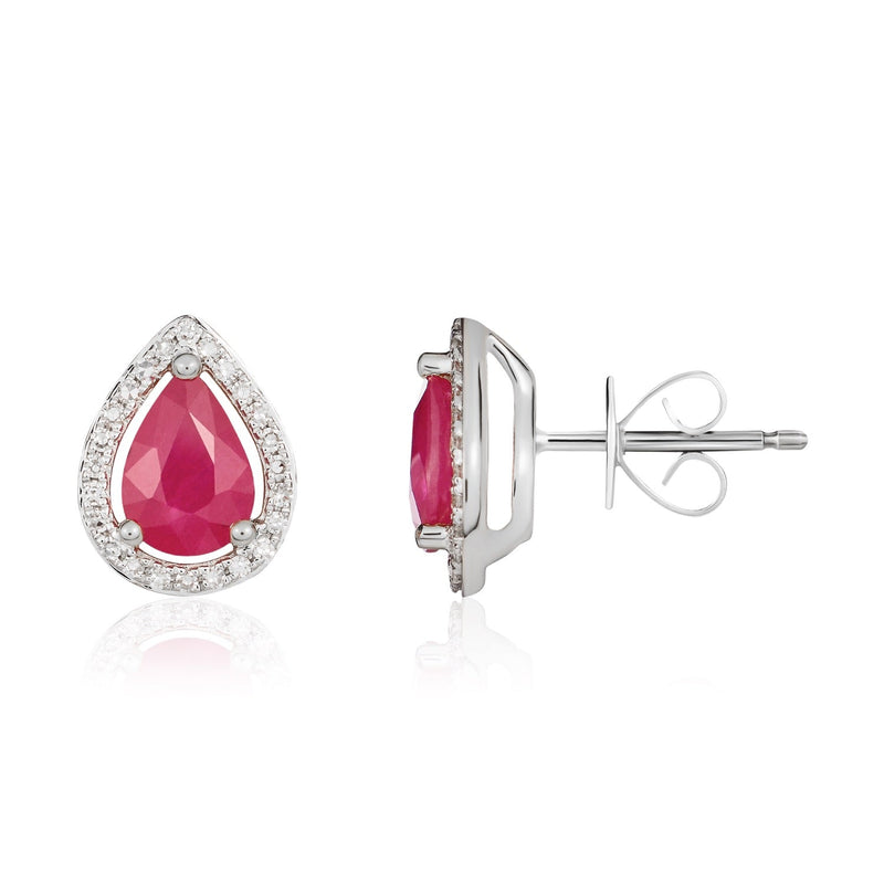 9ct White Gold Pear Shaped Natural Ruby & Diamond Halo Cluster Stud Earrings — 7x5mm