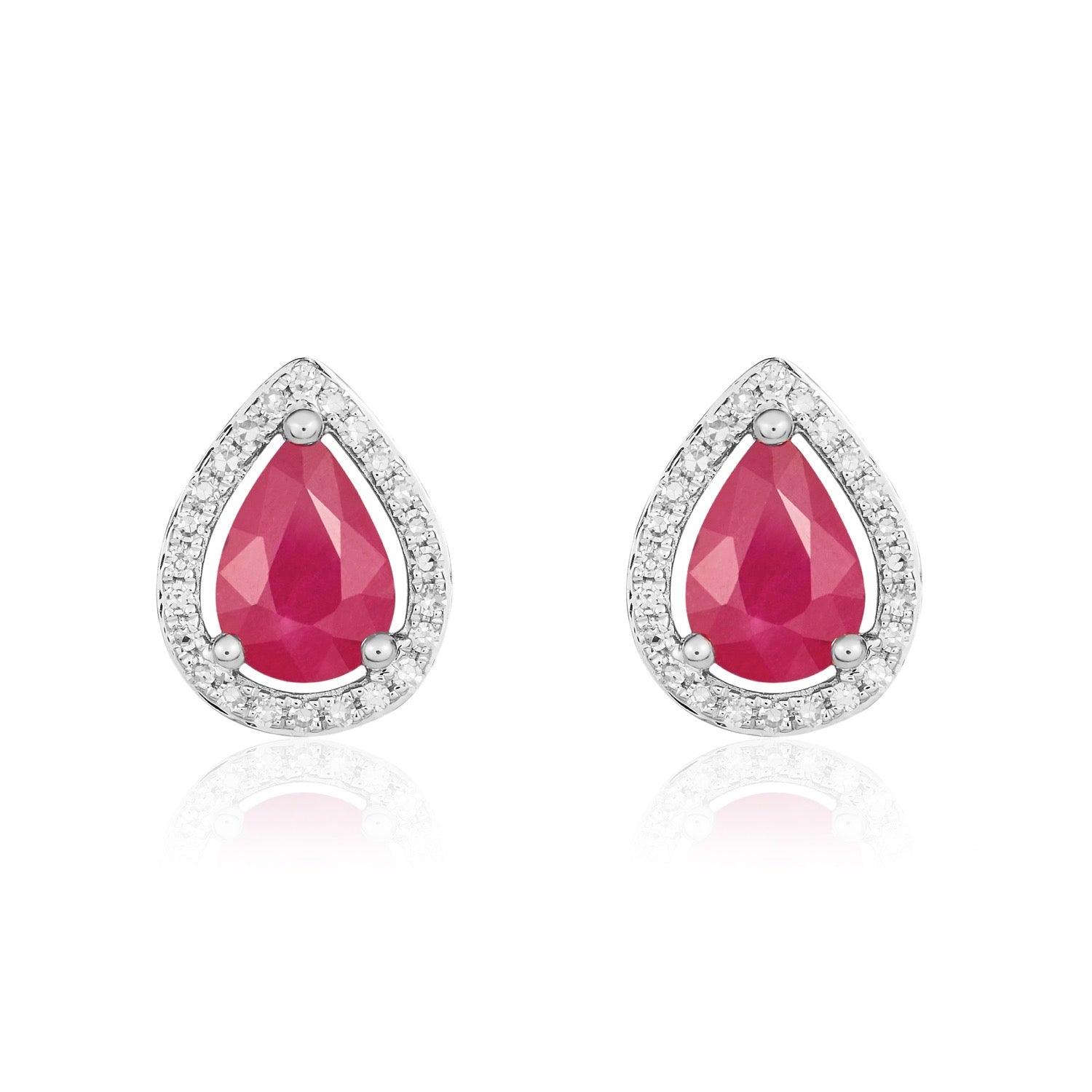 9ct White Gold Pear Shaped Natural Ruby and Diamond Halo Cluster Earrings — 7x5mm