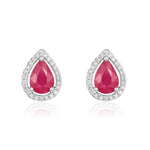 9ct White Gold Pear Shaped Natural Ruby & Diamond Halo Cluster Stud Earrings — 7x5mm