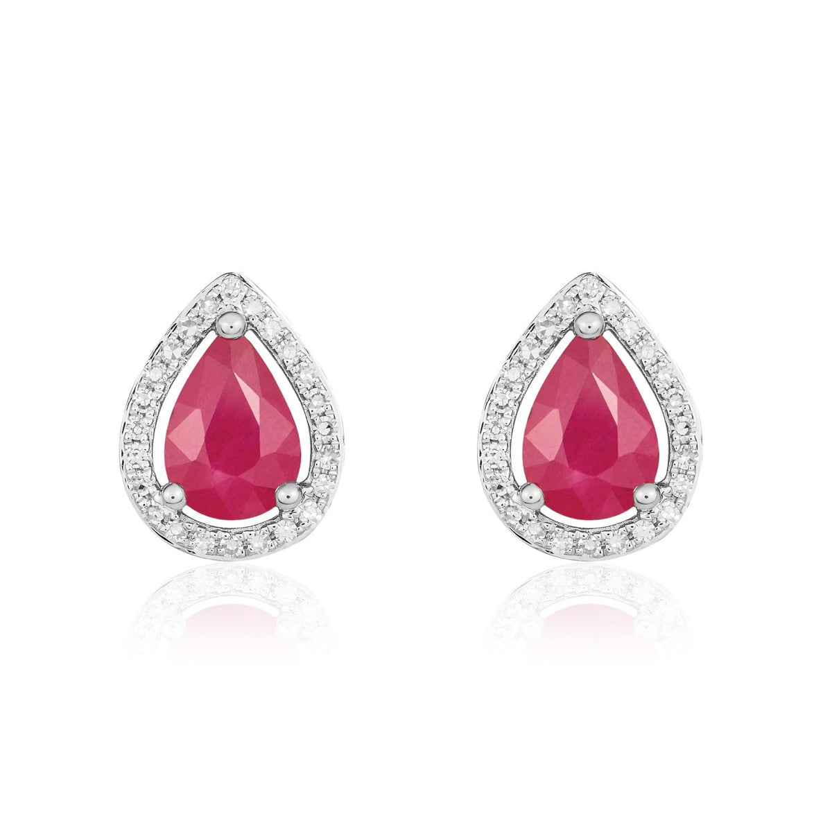 9ct White Gold Pear Shaped Natural Ruby & Diamond Halo Cluster Stud Earrings — 7x5mm