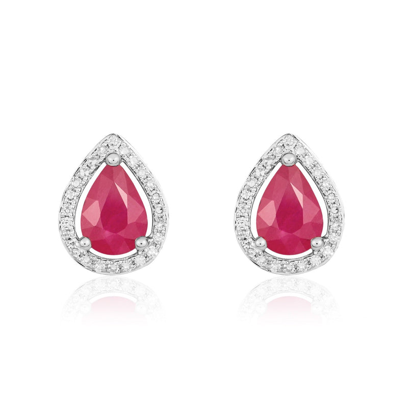 9ct White Gold Pear Shaped Natural Ruby & Diamond Halo Cluster Stud Earrings — 7x5mm
