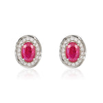 9ct White Gold Oval Natural Ruby & Diamond Rope Edge Cluster Stud Earrings — 6x4mm
