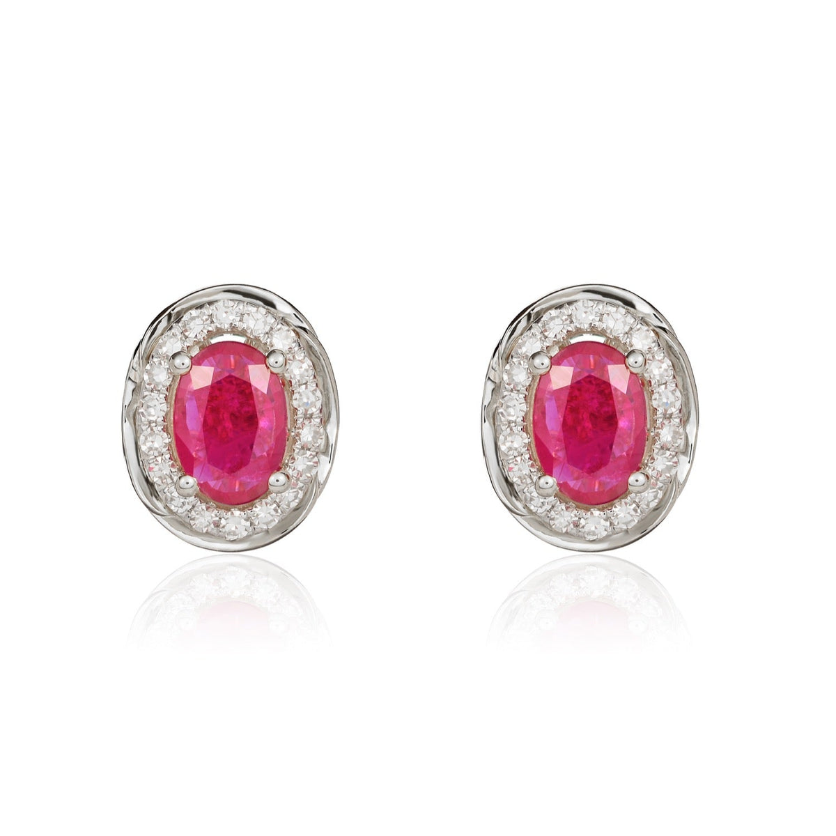 9ct White Gold Oval Natural Ruby & Diamond Rope Edge Cluster Stud Earrings — 6x4mm