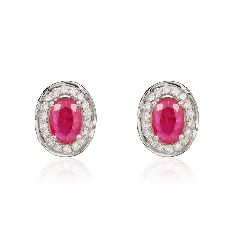 9ct White Gold Oval Natural Ruby & Diamond Rope Edge Cluster Stud Earrings — 6x4mm