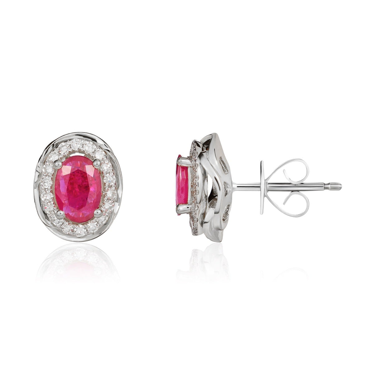 9ct White Gold Oval Natural Ruby & Diamond Rope Edge Cluster Stud Earrings — 6x4mm