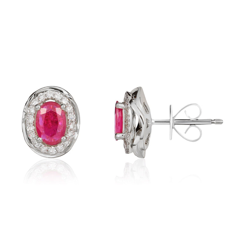 9ct White Gold Oval Natural Ruby & Diamond Rope Edge Cluster Stud Earrings — 6x4mm