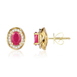 9ct Yellow Gold Oval Natural Ruby & Diamond Rope Edge Cluster Stud Earrings — 7x5mm