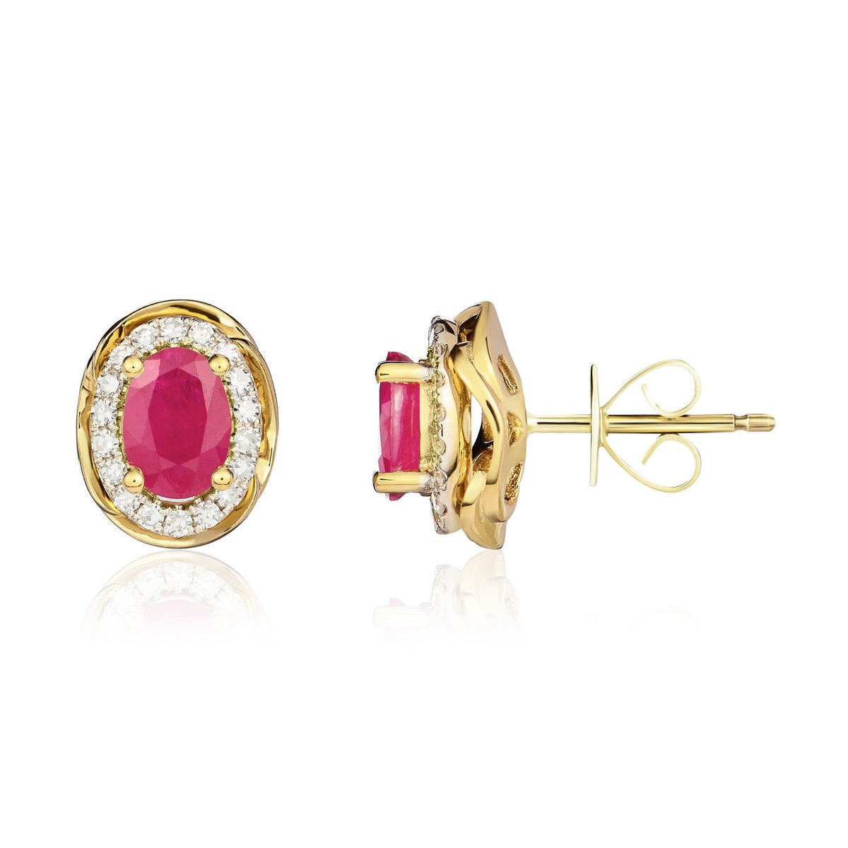 9ct Yellow Gold Oval Natural Ruby & Diamond Rope Edge Cluster Stud Earrings — 7x5mm