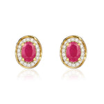 9ct Yellow Gold Oval Natural Ruby & Diamond Rope Edge Cluster Stud Earrings — 7x5mm
