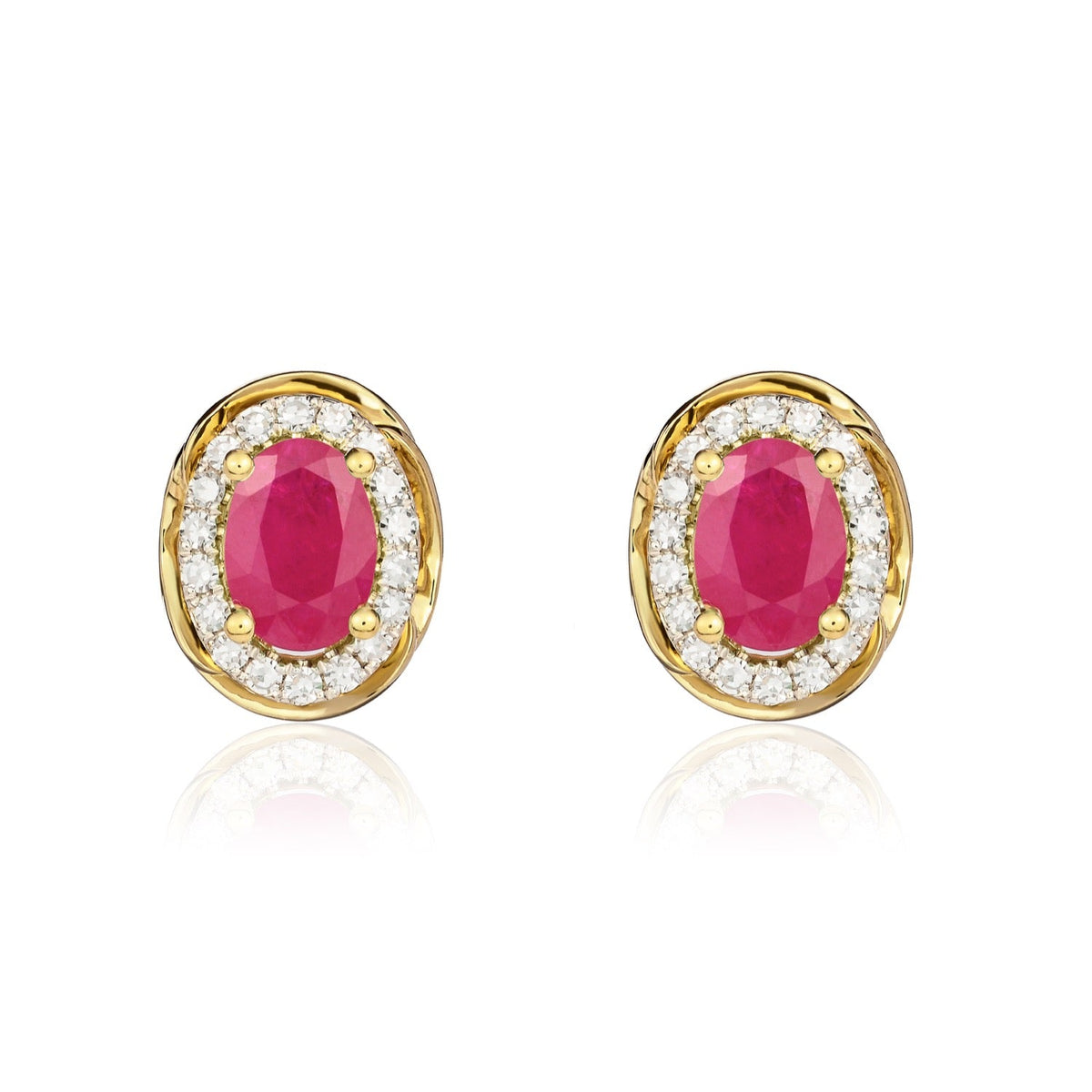 9ct Yellow Gold Oval Natural Ruby & Diamond Rope Edge Cluster Stud Earrings — 7x5mm