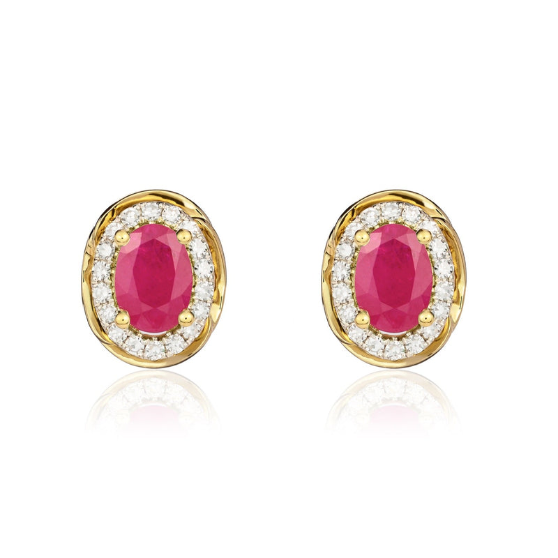 9ct Yellow Gold Oval Natural Ruby & Diamond Rope Edge Cluster Stud Earrings — 7x5mm