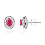 9ct White Gold Oval Natural Ruby & Diamond Rope Edge Cluster Stud Earrings — 7x5mm