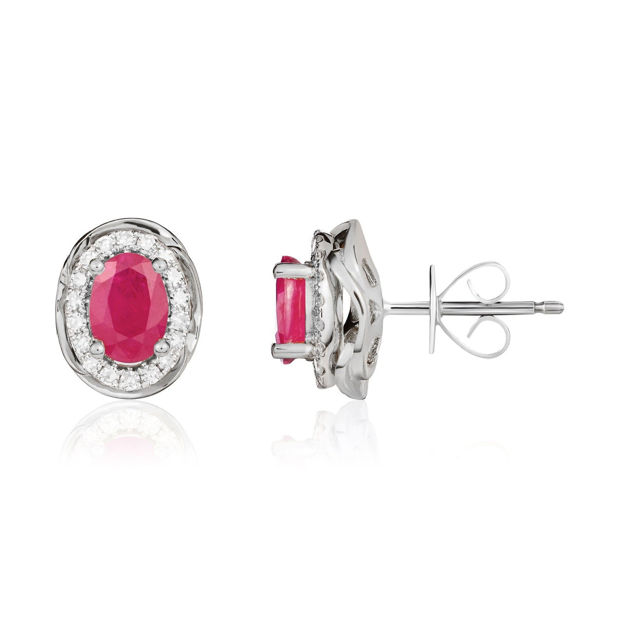 9ct White Gold Oval Natural Ruby & Diamond Rope Edge Cluster Stud Earrings — 7x5mm