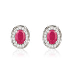 9ct White Gold Oval Natural Ruby & Diamond Rope Edge Cluster Stud Earrings — 7x5mm