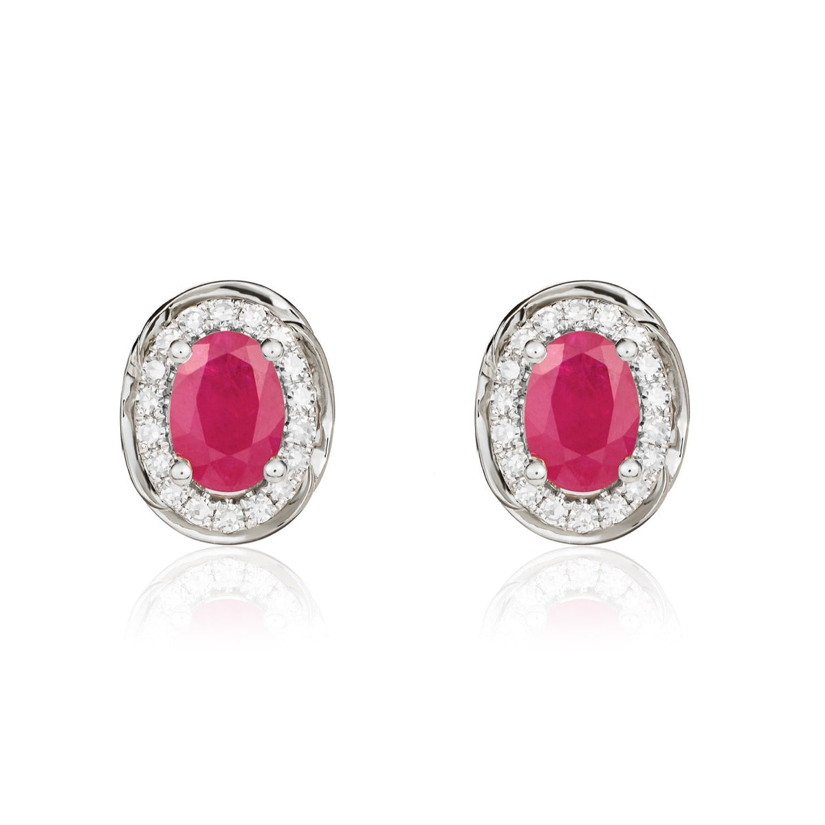 9ct White Gold Oval Natural Ruby & Diamond Rope Edge Cluster Stud Earrings — 7x5mm
