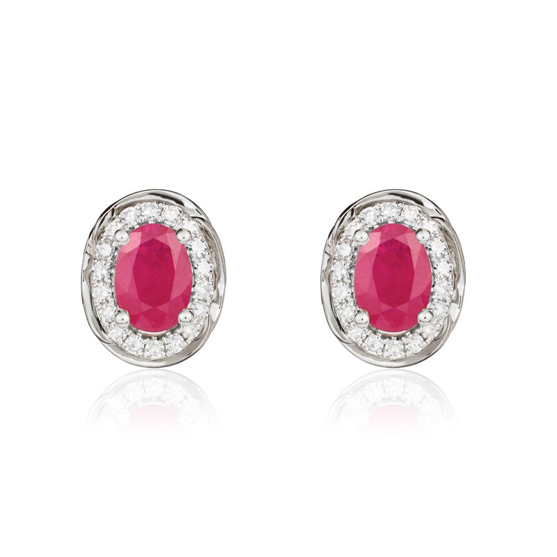 9ct White Gold Oval Natural Ruby & Diamond Rope Edge Cluster Stud Earrings — 7x5mm