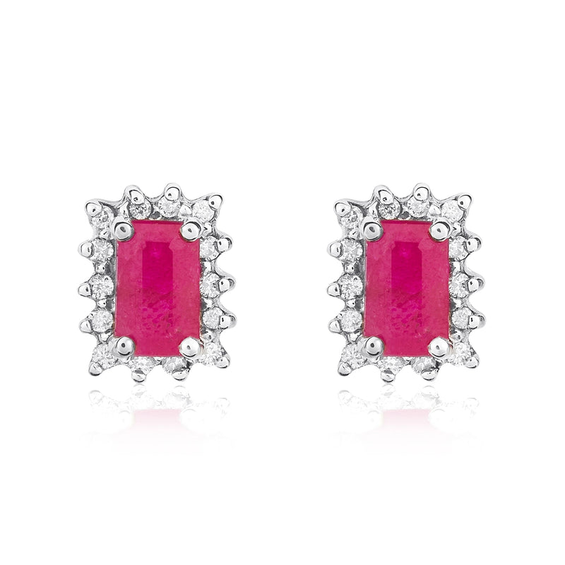 9ct White Gold Octagonal Natural Ruby & Diamond Cluster Stud Earrings — 5x3mm