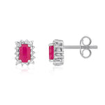 9ct White Gold Octagonal Natural Ruby & Diamond Cluster Stud Earrings — 5x3mm