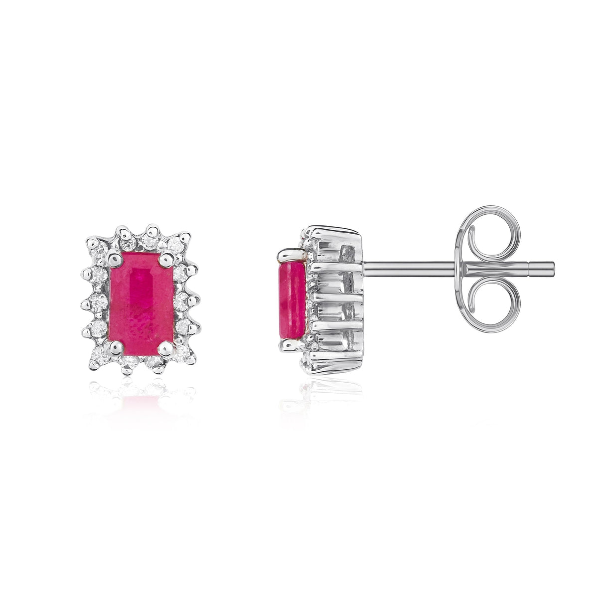 9ct White Gold Octagonal Natural Ruby & Diamond Cluster Stud Earrings — 5x3mm