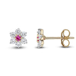 9ct Yellow Gold Round Natural Ruby & Diamond Claw Set Cluster Stud Earrings