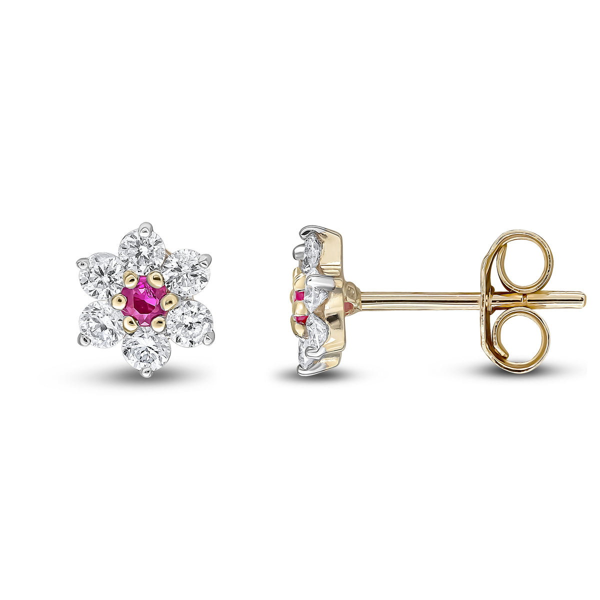9ct Yellow Gold Round Natural Ruby & Diamond Claw Set Cluster Stud Earrings