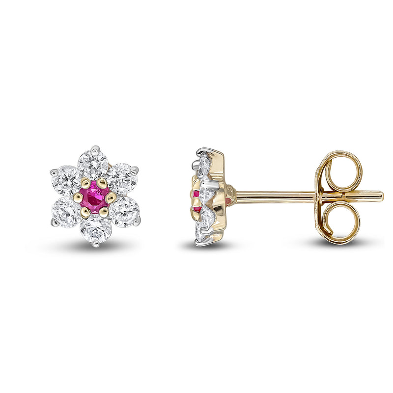 9ct Yellow Gold Round Natural Ruby & Diamond Claw Set Cluster Stud Earrings